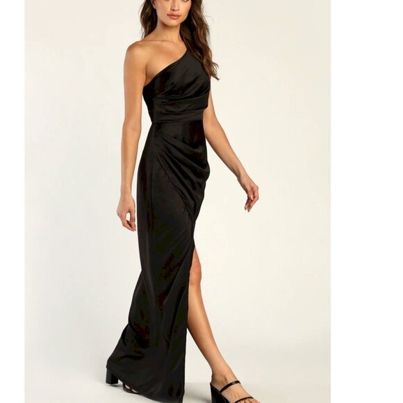 Lulus Dreaming of Elegance Black Satin One-Shoulder Maxi Dress Size XL NWOT - Picture 4 of 5